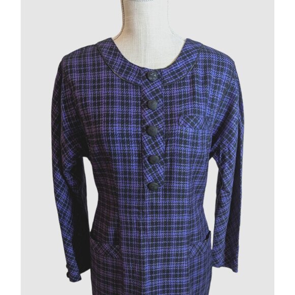 Rosanna Purple Plaid Retro Long Sleeve Shift Dress - Picture 2 of 4